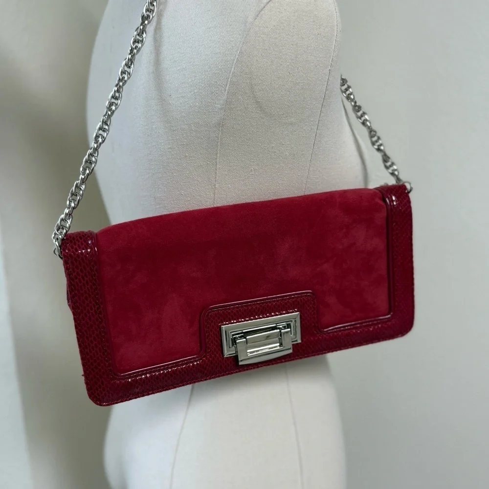 Brand New White House Black Market Burgundy and Silver Leather Crossbody Clutch